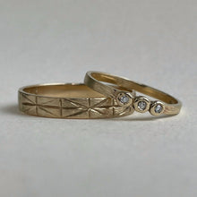 Load image into Gallery viewer, Image of a 4mm yellow gold geometric wedding band, handcrafted with recycled ethical gold, stamped and hallmarked