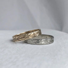 Load image into Gallery viewer, Image of a 4mm yellow gold geometric wedding band, handcrafted with recycled ethical gold, stamped and hallmarked