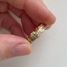 Load image into Gallery viewer, Image of a 4mm yellow gold geometric wedding band, handcrafted with recycled ethical gold, stamped and hallmarked