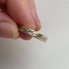 Load image into Gallery viewer, Image of a 4mm yellow gold geometric wedding band, handcrafted with recycled ethical gold, stamped and hallmarked
