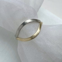 Load image into Gallery viewer, Handcrafted high arch curved wedding band in thin rustic white gold with minimal texture, ethically sourced