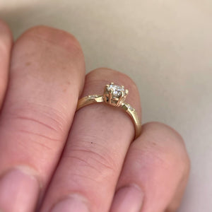 Vintage inspired solitaire engagement ring. 14kt yellow gold, 10kt yellow gold