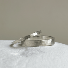 Load image into Gallery viewer, Brushed hammered sterling silver wedding band with delicate, freestyle hammered texture and minimalist design. Made to order with recycled, ethical silver. Gift wrapped
