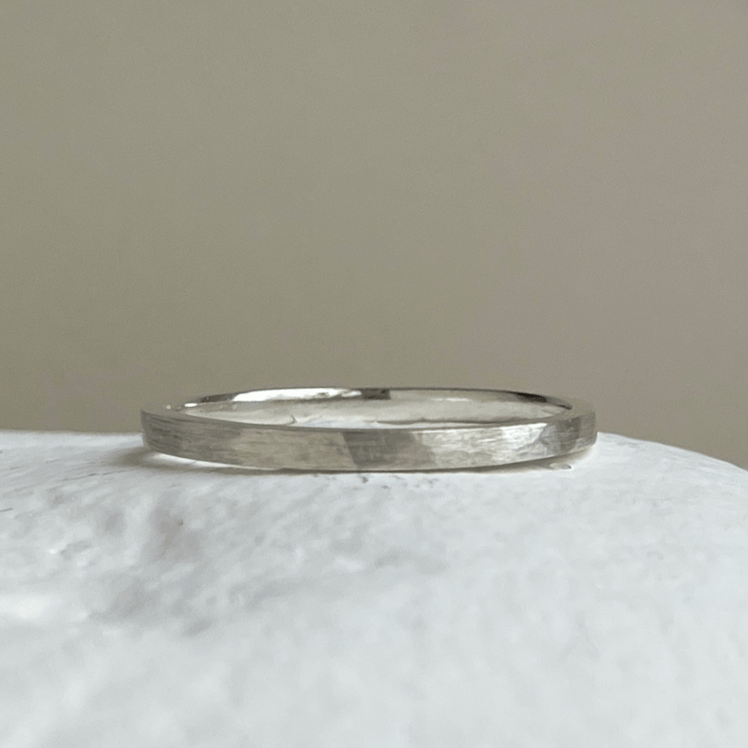 Brushed hammered sterling silver wedding band with delicate, freestyle hammered texture and minimalist design. Made to order with recycled, ethical silver. Gift wrapped