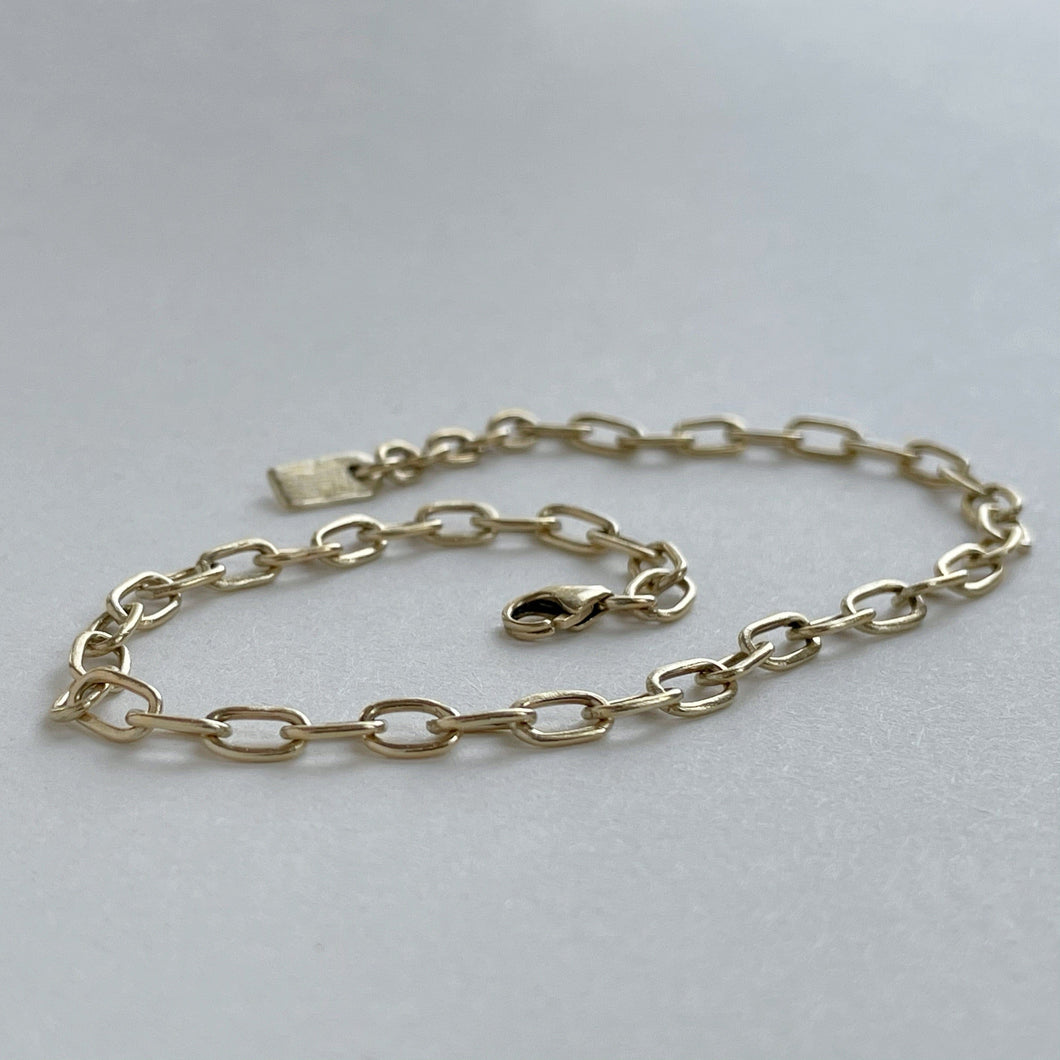 Solid gold charm bracelet with a fine link chain and a rustic texture, crafted by hand with ethically sourced and recycled 10kt yellow gold. Comes with an adjustable clasp and lobster clasp, and a tag with a metal stamp and makers mark.