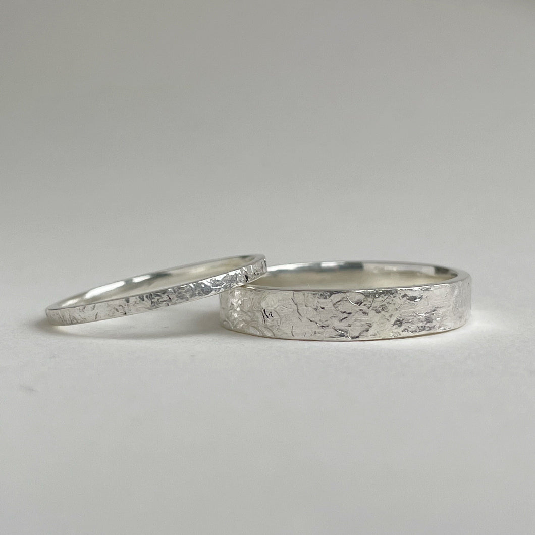 Handcrafted Wedding Band Set with Unique Freestyle Hammered Texture